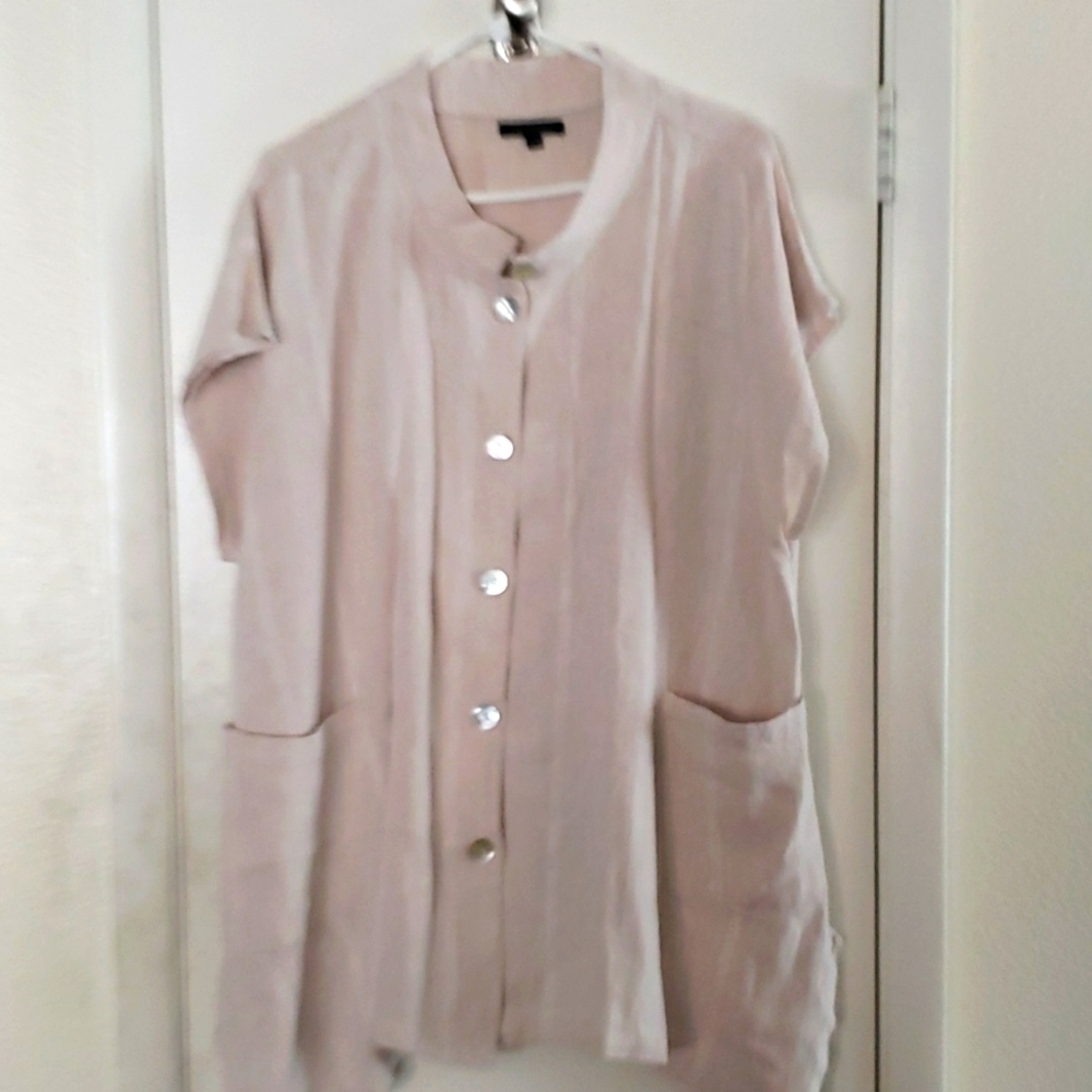 For Cynthia Light Tan Embossed Linen Blend Lagenlook Cap Sleeve Blouse  Size 2X